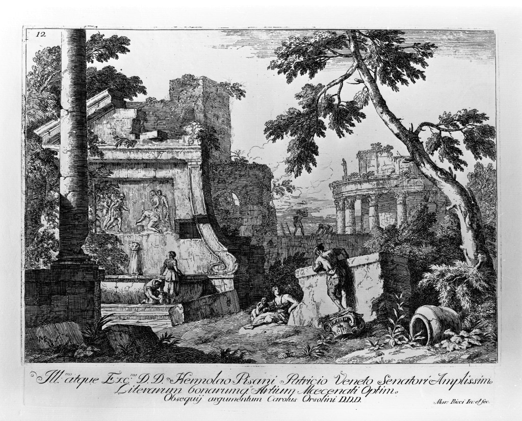 Paesaggio con rovine e fontana, paesaggio (stampa, serie) di Ricci Marco (sec. XVIII)