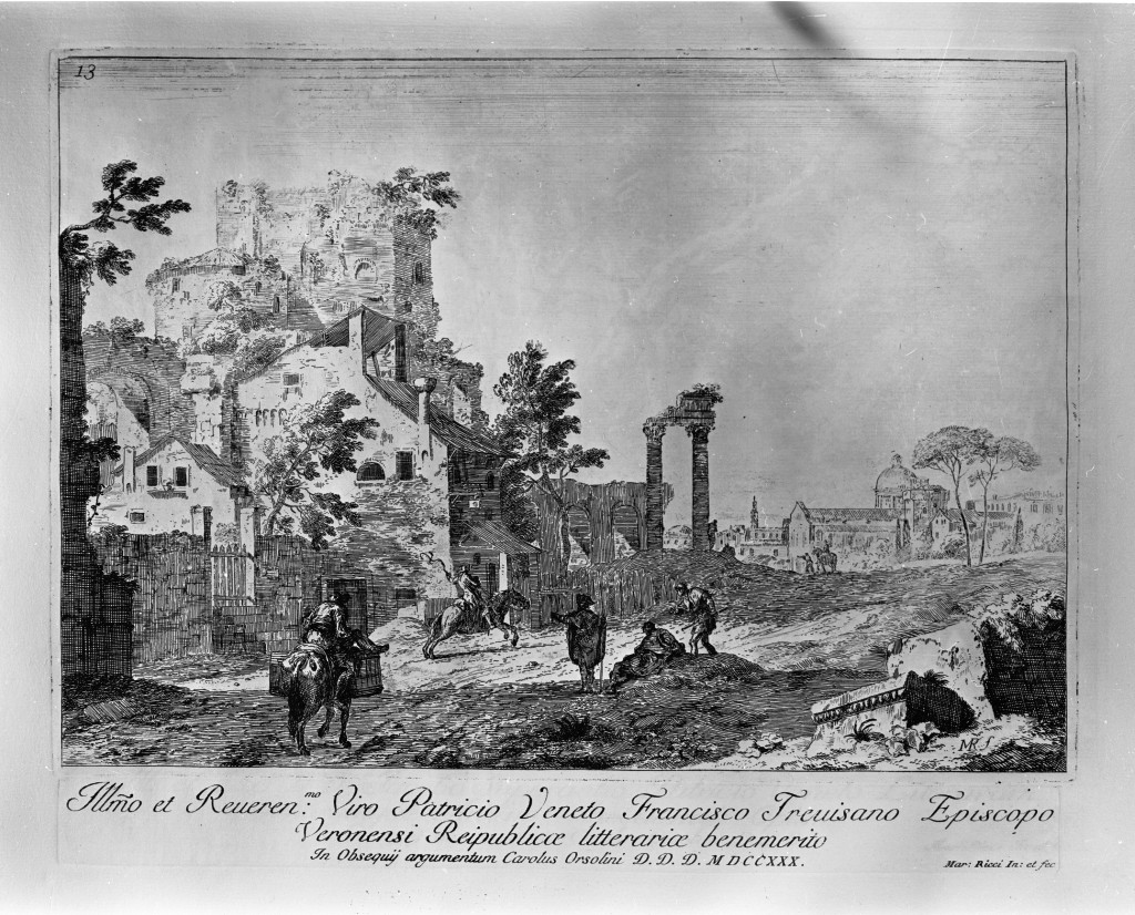 Veduta con cavalieri, paesaggio (stampa, serie) di Ricci Marco (sec. XVIII)