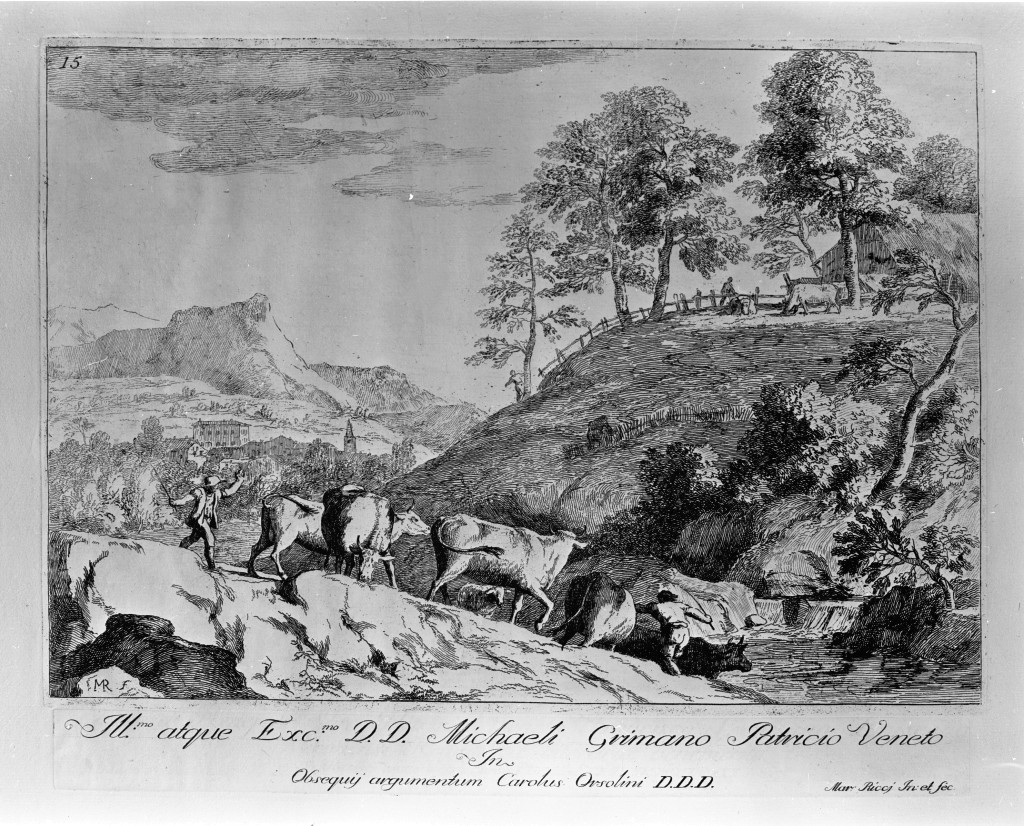 Paesaggio con armenti al guado, paesaggio (stampa, serie) di Ricci Marco (sec. XVIII)