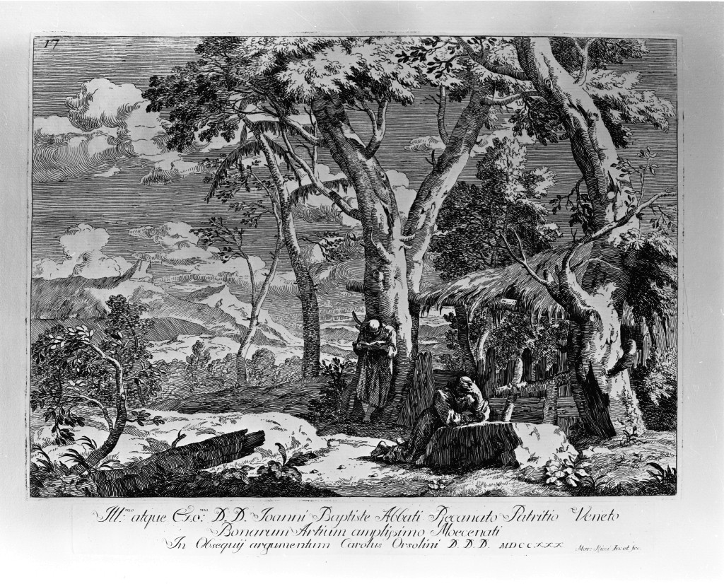 Paesaggio con due monaci, paesaggio (stampa, serie) di Ricci Marco (sec. XVIII)