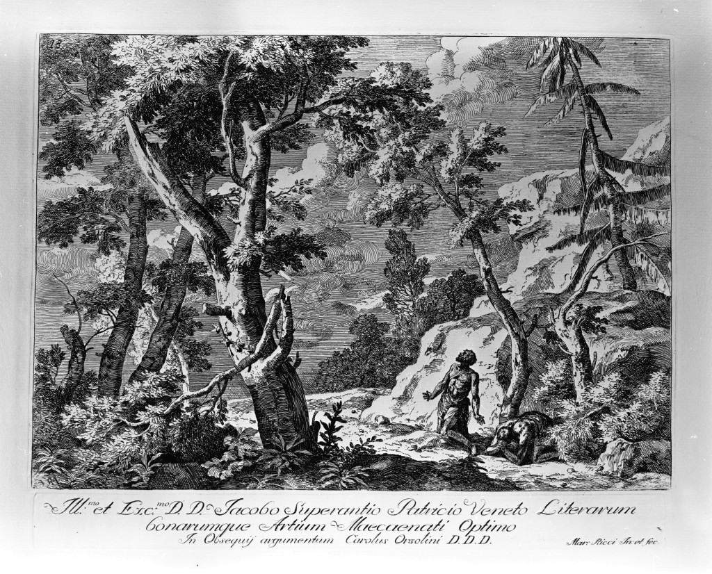Paesaggio con due penitenti, paesaggio (stampa, serie) di Ricci Marco (sec. XVIII)