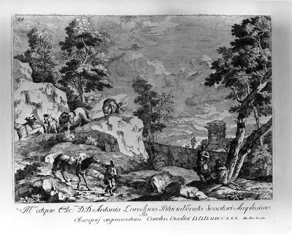 Paesaggio con cavalieri appiedati, paesaggio (stampa, serie) di Ricci Marco (sec. XVIII)