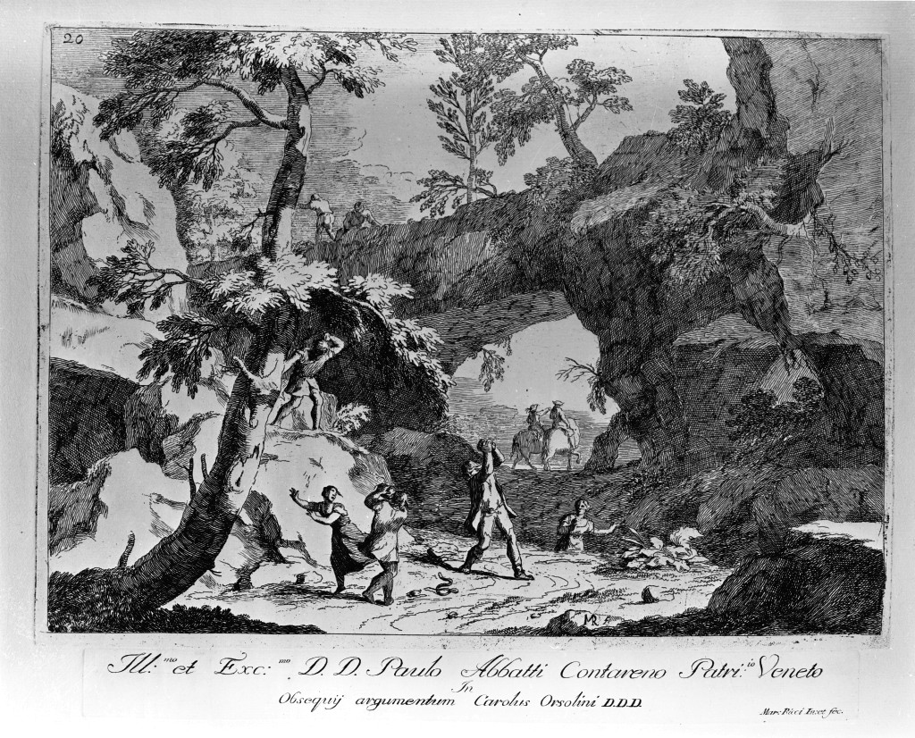 L'uccisione della serpe, paesaggio (stampa, serie) di Ricci Marco (sec. XVIII)