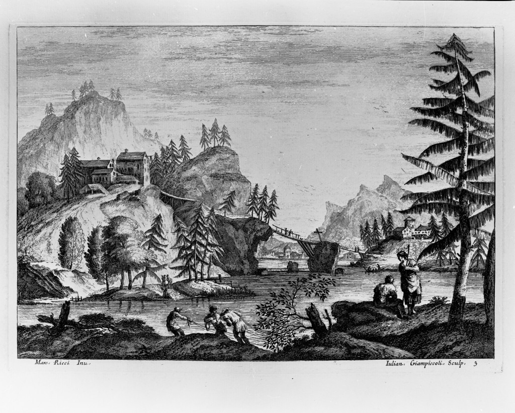 Tre pescatori tirano le reti, paesaggio fluviale (stampa, serie) di Giampiccoli Giuliano, Ricci Marco (metà sec. XVIII)