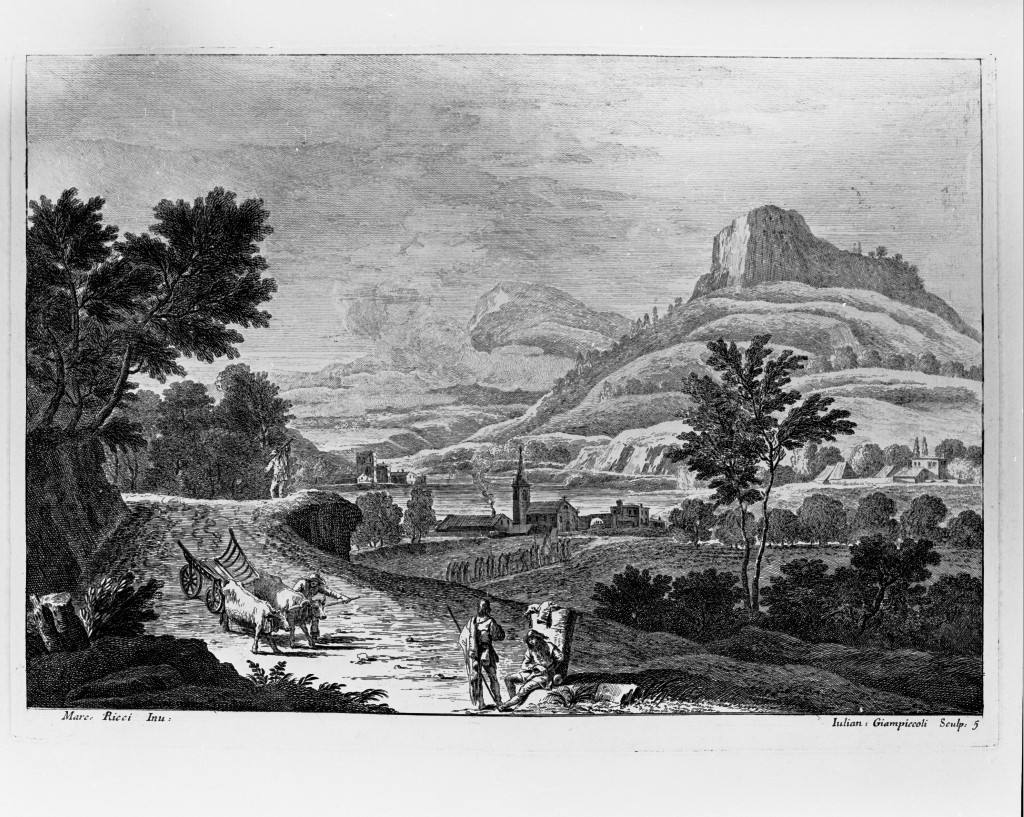 Viandante seduto con la gerla, paesaggio rurale (stampa, serie) di Giampiccoli Giuliano, Ricci Marco (metà sec. XVIII)