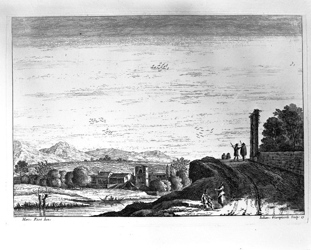 Paesaggio con viandanti, paesaggio (stampa, serie) di Giampiccoli Giuliano, Ricci Marco (metà sec. XVIII)