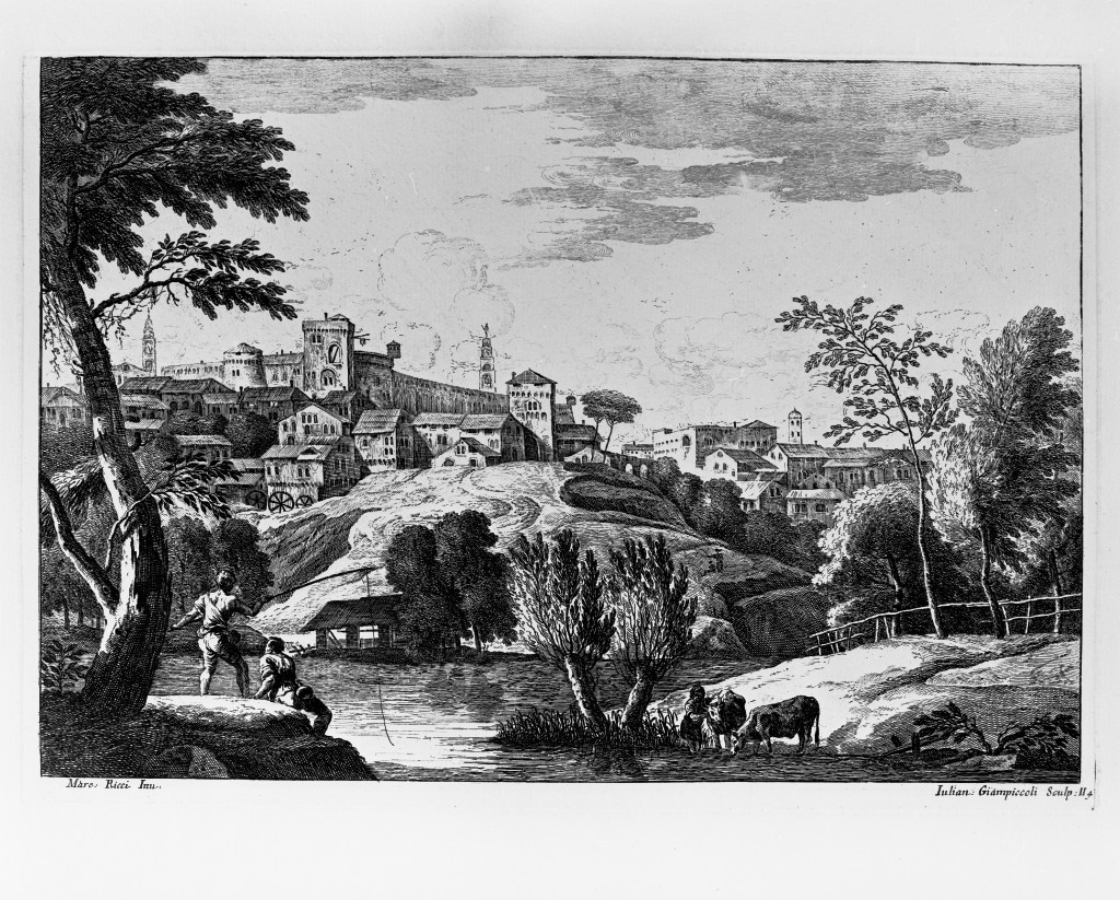 Borgo fortificato con due pescatori, paesaggio fluviale (stampa, serie) di Giampiccoli Giuliano, Ricci Marco (metà sec. XVIII)