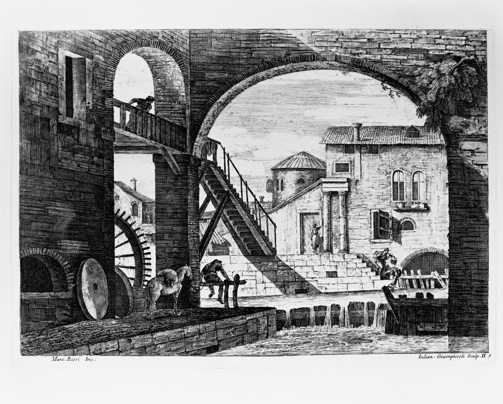 Mulino con archi, mulino (stampa, serie) di Giampiccoli Giuliano, Ricci Marco (metà sec. XVIII)