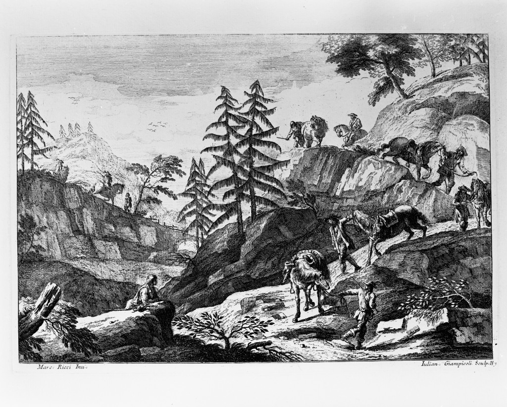 Paesaggio montano con cavalieri appiedati, paesaggio roccioso (stampa, serie) di Giampiccoli Giuliano, Ricci Marco (metà sec. XVIII)
