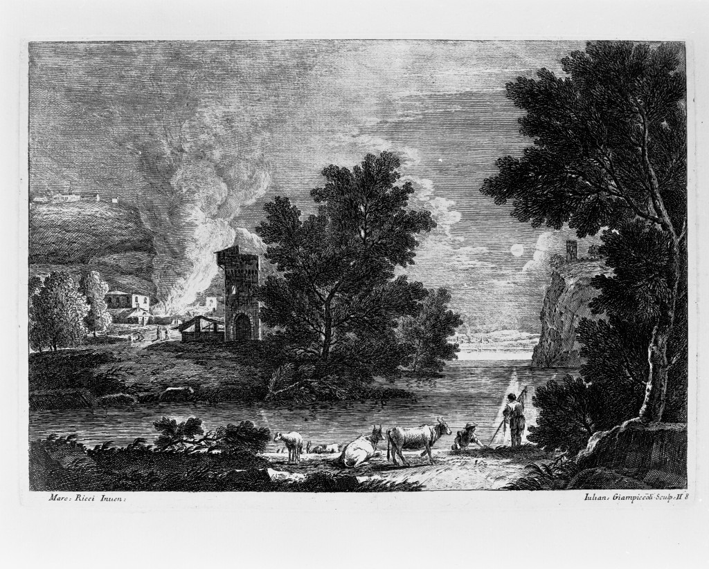 Plenilunio con incendio, paesaggio notturno (stampa, serie) di Giampiccoli Giuliano, Ricci Marco (metà sec. XVIII)