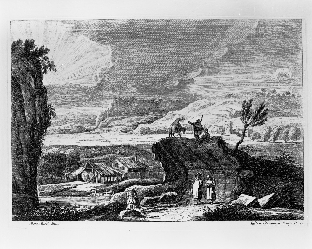 paesaggio con religiosi (stampa, serie) di Giampiccoli Giuliano, Ricci Marco (metà sec. XVIII)