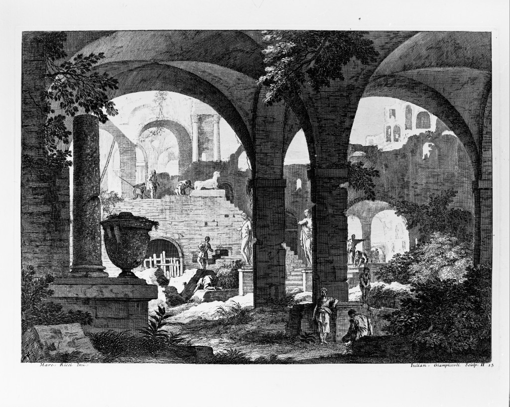 paesaggio con rovine (stampa, serie) di Giampiccoli Giuliano, Ricci Marco (metà sec. XVIII)