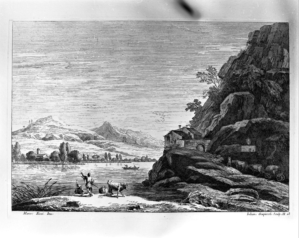 paesaggio lacustre (stampa, serie) di Giampiccoli Giuliano, Ricci Marco (metà sec. XVIII)