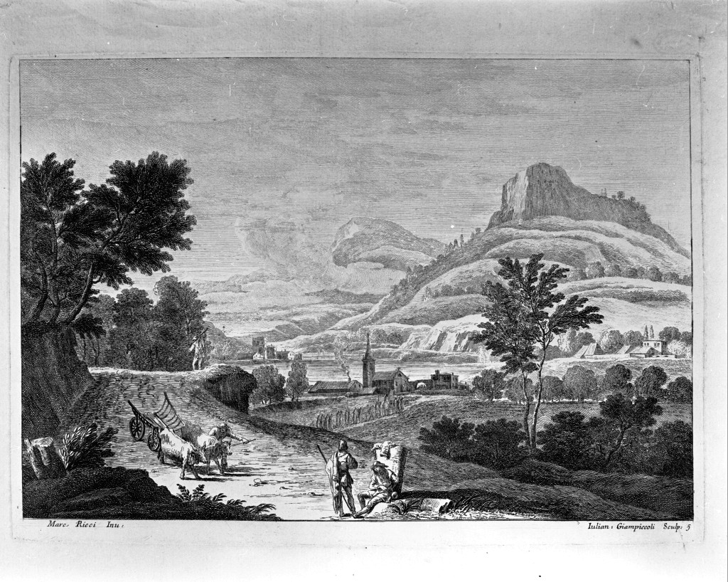 paesaggio con viandanti (stampa, serie) di Giampiccoli Giuliano, Ricci Marco (metà sec. XVIII)