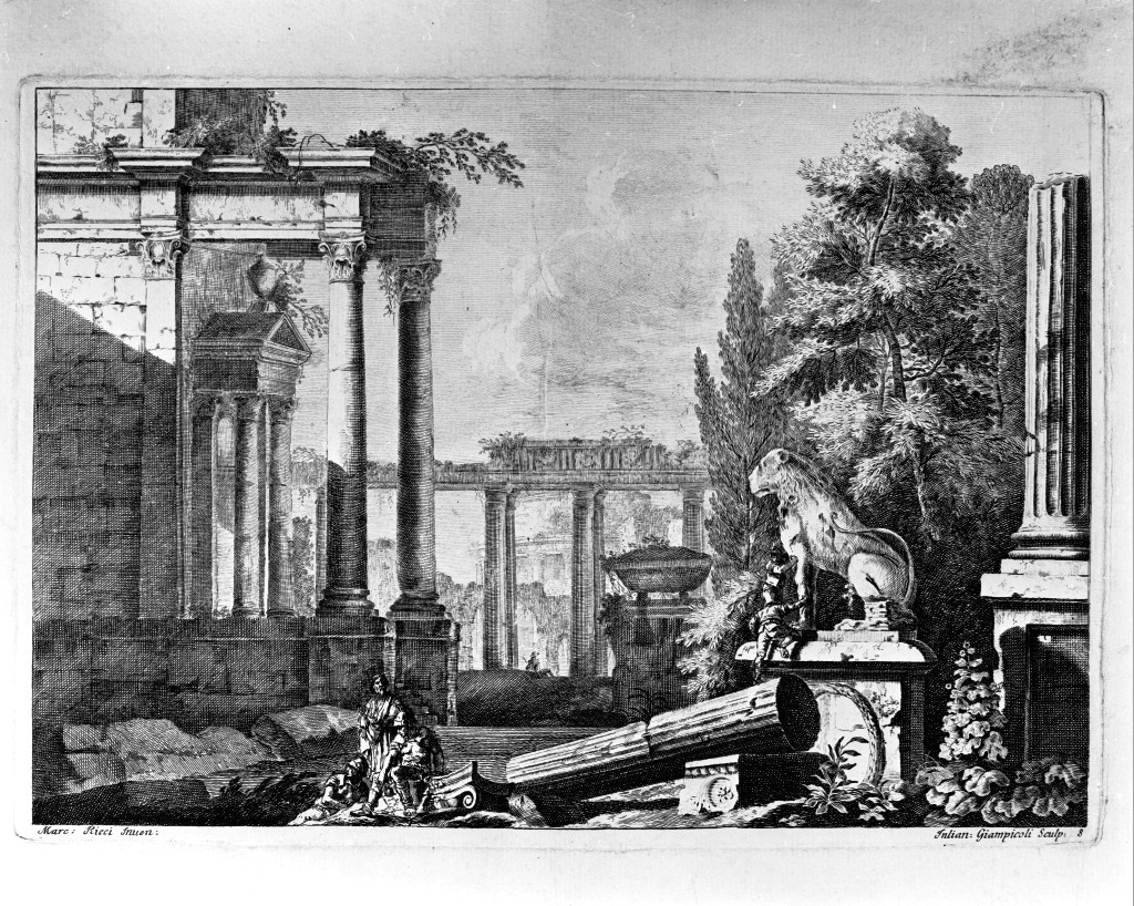 paesaggio con rovine (stampa, serie) di Giampiccoli Giuliano, Ricci Marco (metà sec. XVIII)