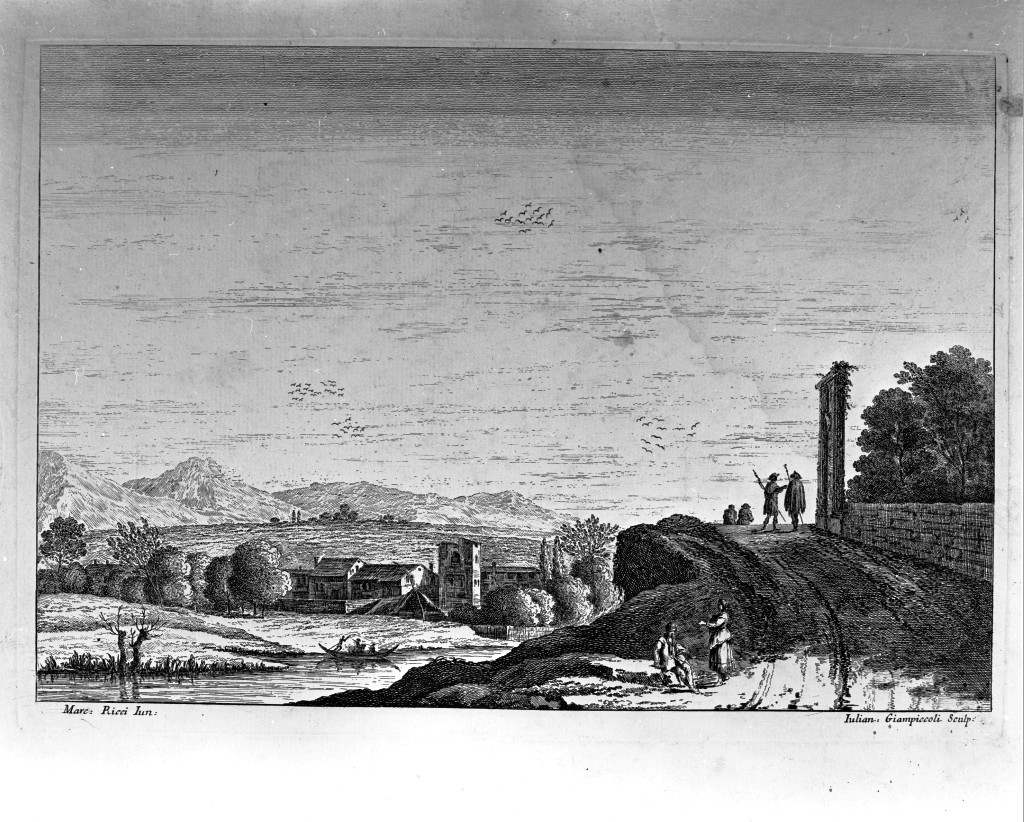 paesaggio con viandanti (stampa, serie) di Giampiccoli Giuliano, Ricci Marco (metà sec. XVIII)