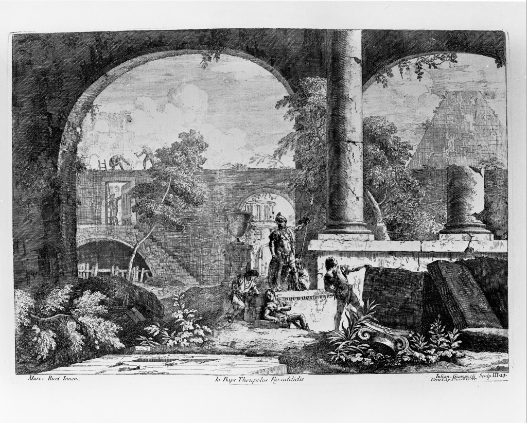 paesaggio con rovine (stampa, serie) di Giampiccoli Giuliano, Ricci Marco (metà sec. XVIII)