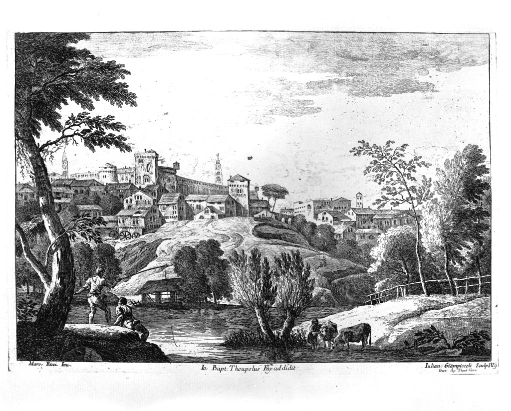 paesaggio con architetture (stampa, serie) di Giampiccoli Giuliano, Ricci Marco (metà sec. XVIII)