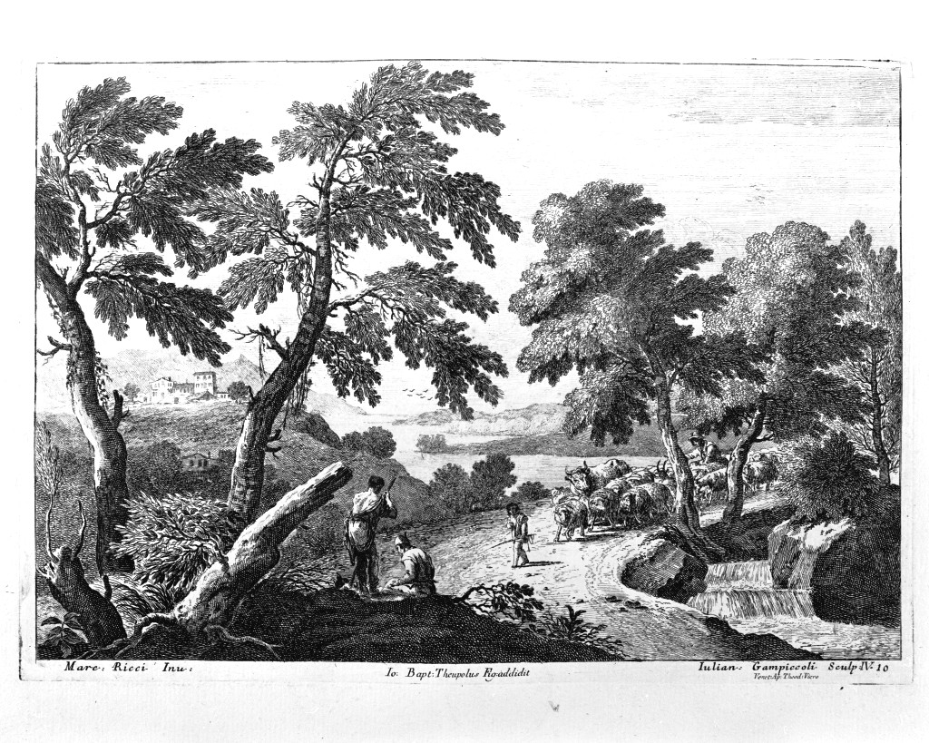 scena pastorale (stampa, serie) di Giampiccoli Giuliano, Ricci Marco (metà sec. XVIII)
