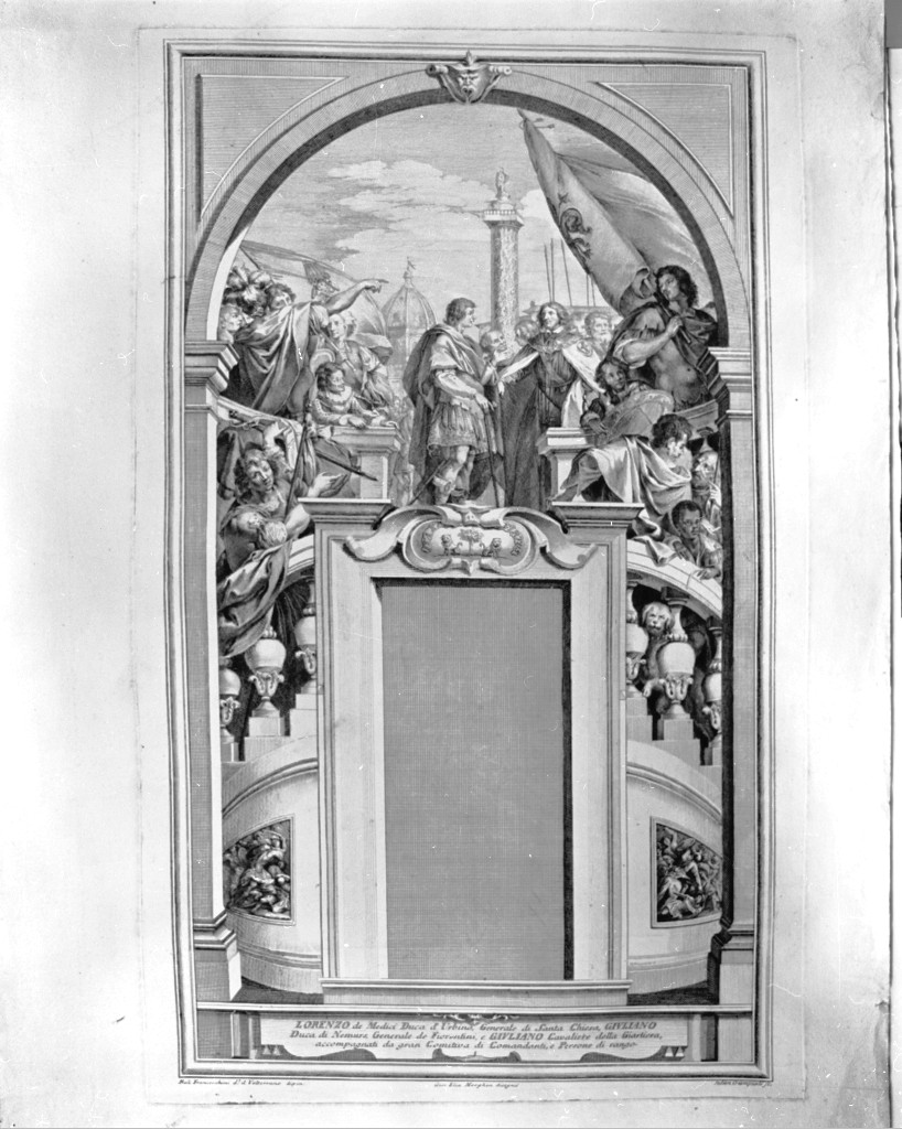 interno con figure (stampa, stampa composita) di Giampiccoli Giuliano, Franceschini Baldassarre detto Volterrano (terzo quarto sec. XVIII)