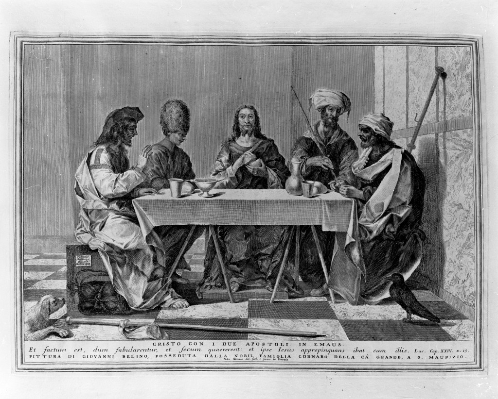 Cristo con i due Apostoli in Emaus, cena in Emmaus (stampa, elemento d'insieme) di Monaco Pietro (attribuito), Bellini Giovanni detto Giambellino (attribuito) (sec. XVIII)