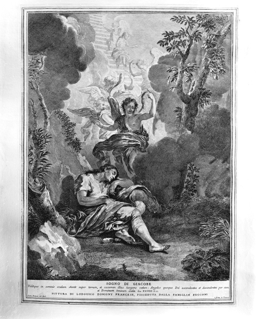 Sogno di Giacobe, sogno di Giacobbe (stampa, elemento d'insieme) di Monaco Pietro (attribuito), Dorigny Ludovico (attribuito) (sec. XVIII)