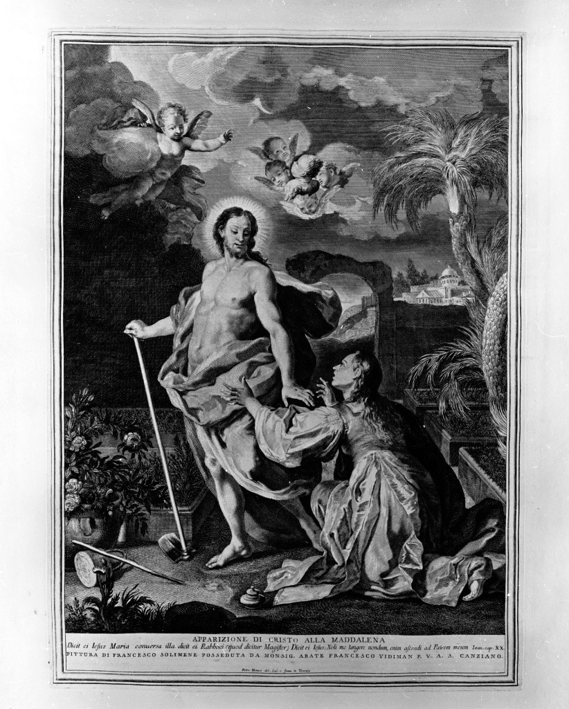 Apparizione di Cristo alla Maddalena, apparizione di Cristo risorto a Santa Maria Maddalena (stampa, elemento d'insieme) di Monaco Pietro (attribuito), Solimena Francesco detto Abate Ciccio (attribuito) (sec. XVIII)