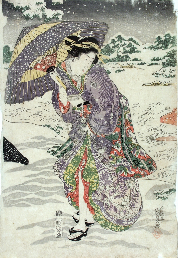 Donna che cammina sotto la neve, figura femminile (stampa a colori) di Utagawa Kunisada (sec. XIX)