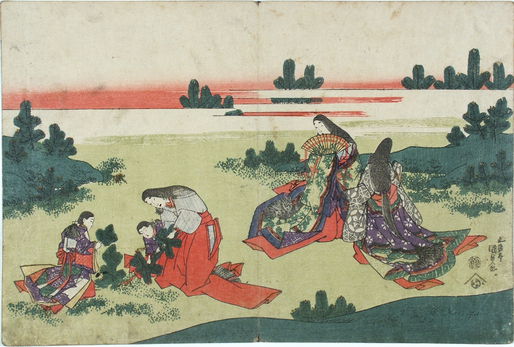 Varie figure in un giardino, giardino con figure (stampa a colori) di Utagawa Kunisada (sec. XIX)