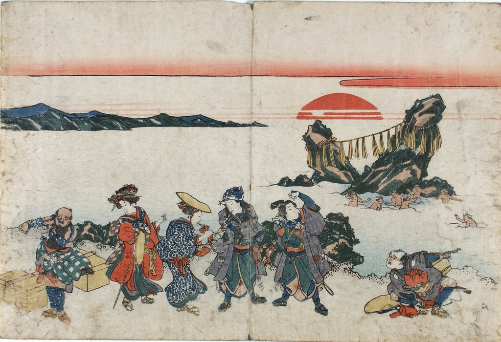 Varie figure vicino al mare, paesaggio con figure (stampa a colori) di Utagawa Kunitora (sec. XIX)