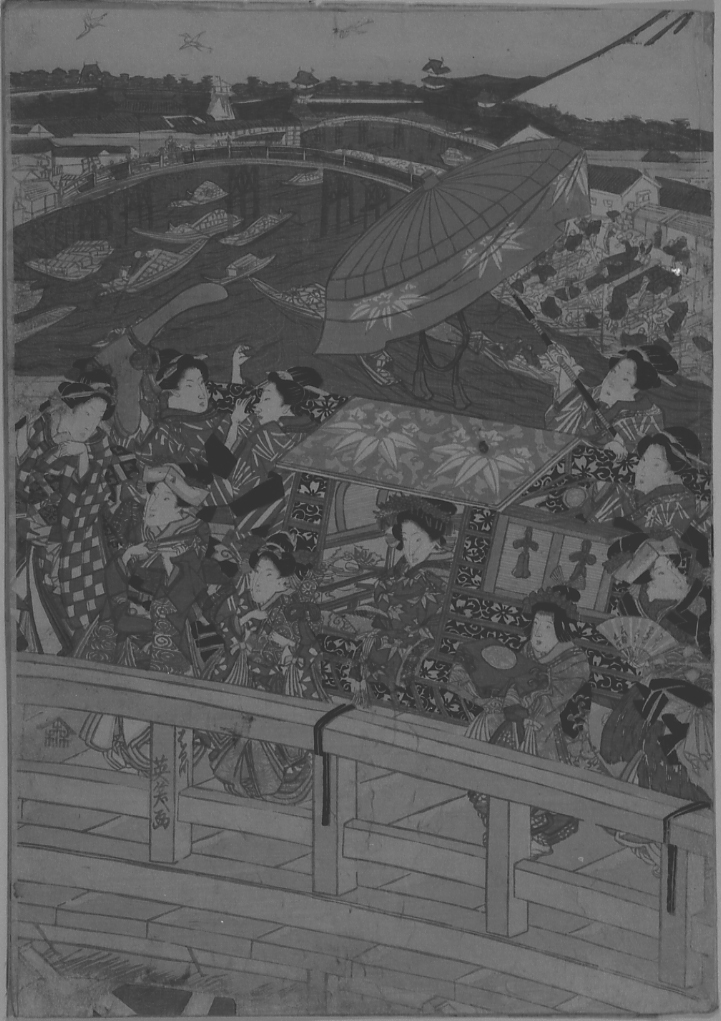 Donne su un ponte, paesaggio con architetture e figure (stampa a colori) di Harukawa Eisho (sec. XIX)
