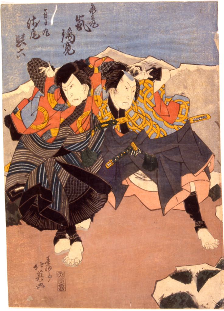 Due uomini che si tengono per le spalle, lottatori (stampa a colori) di Hokuei (sec. XIX)