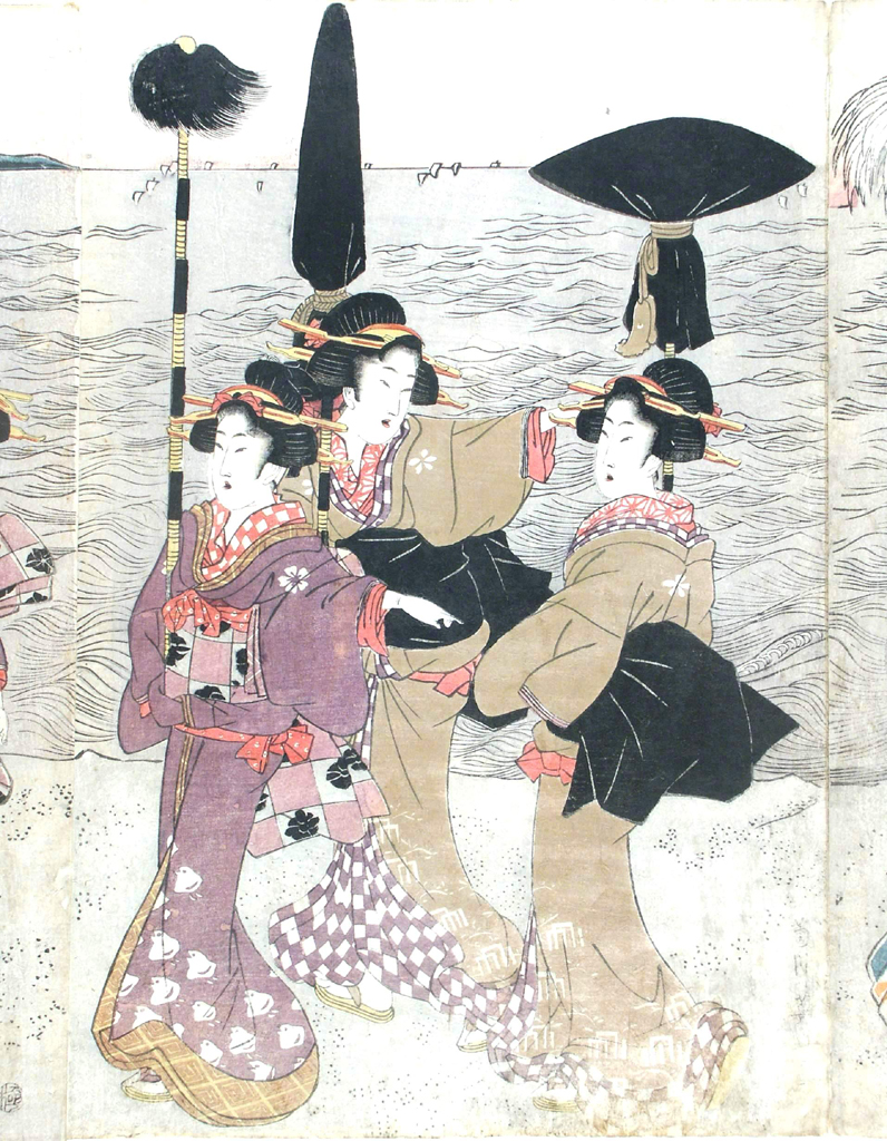 processione di fiori nella foschia primaverile, paesaggio marino (stampa a colori, stampa composita) di Kikugawa Eizan (attribuito) (primo quarto sec. XIX)