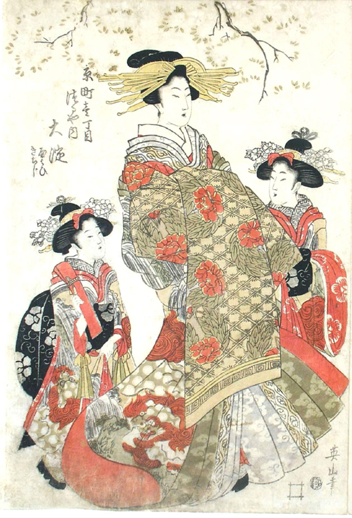 tre cortigiane e sei kamuro, figure femminili (stampa a colori) di Kikugawa Eizan (attribuito) (primo quarto sec. XIX)