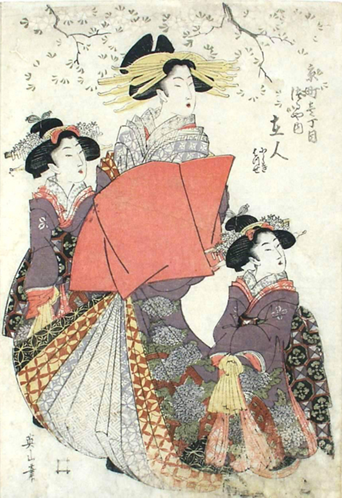 tre cortigiane e sei kamuro, figure femminili (stampa a colori) di Kikugawa Eizan (attribuito) (primo quarto sec. XIX)