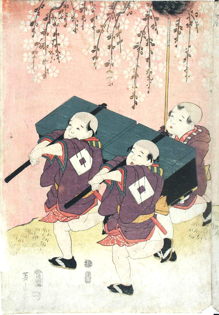 diciasette bambini in corteo sotto i ciliegi in fiore, bambini (stampa a colori) di Kikugawa Eizan (attribuito) (primo quarto sec. XIX)