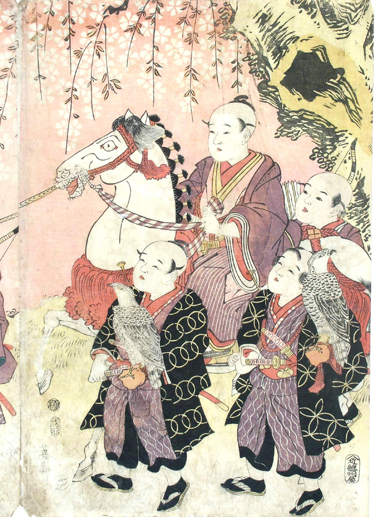 diciasette bambini in corteo sotto i ciliegi in fiore, bambini (stampa a colori) di Kikugawa Eizan (attribuito) (primo quarto sec. XIX)