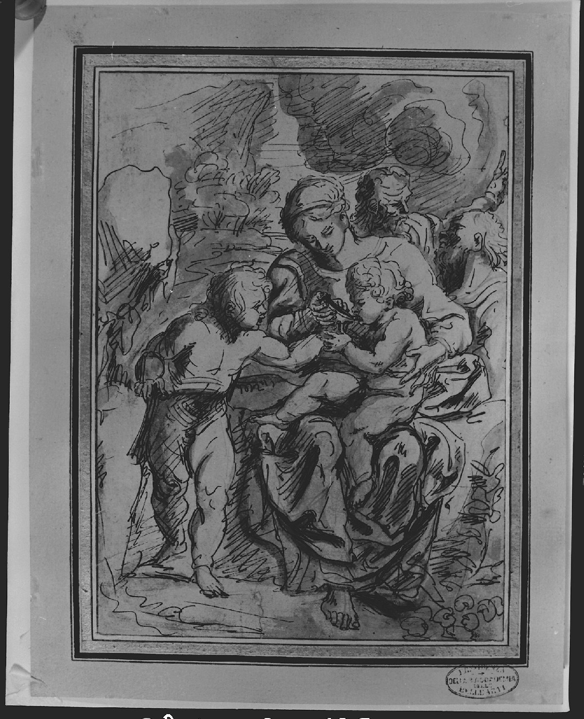 Sacra Famiglia con San Giovanni Battista bambino (disegno, opera isolata) - ambito francese (seconda metà sec. XVII)