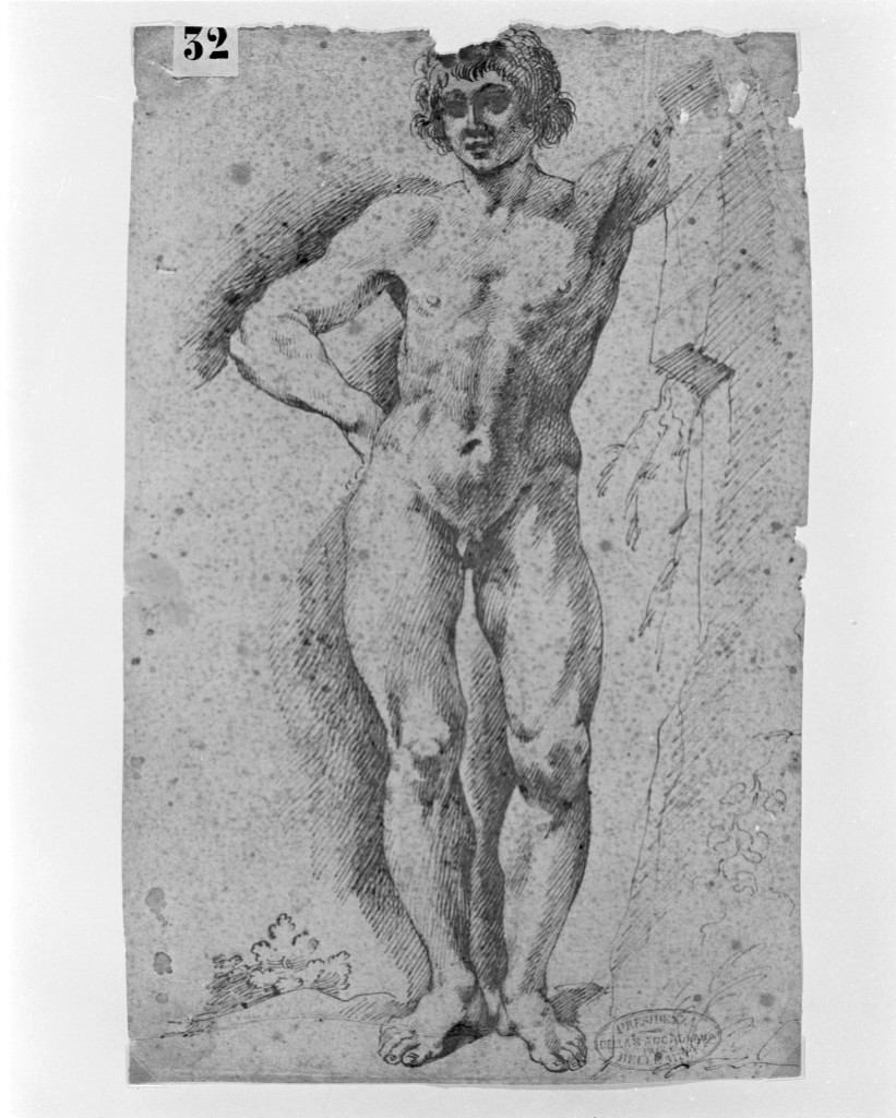 giovane nudo (disegno, opera isolata) di Barbieri Giovan Francesco detto Guercino (cerchia) (secc. XVI/ XVII)