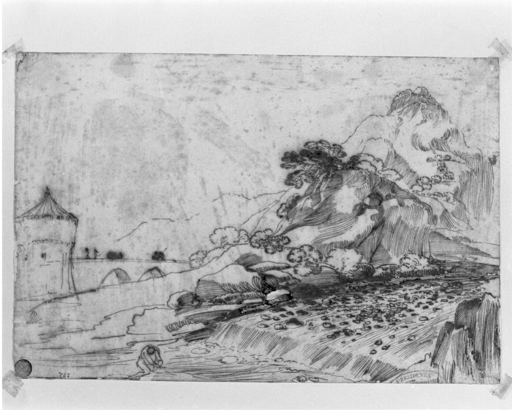paesaggio con cascata (disegno, opera isolata) di Barbieri Giovan Francesco detto Guercino (scuola) (secc. XVI/ XVII)