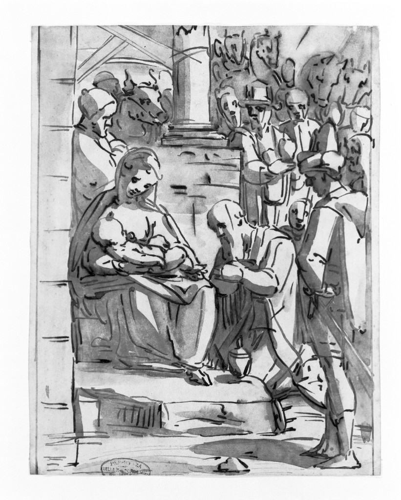 adorazione dei Re Magi (disegno, opera isolata) di Cambiaso Luca (maniera) (seconda metà sec. XVI)