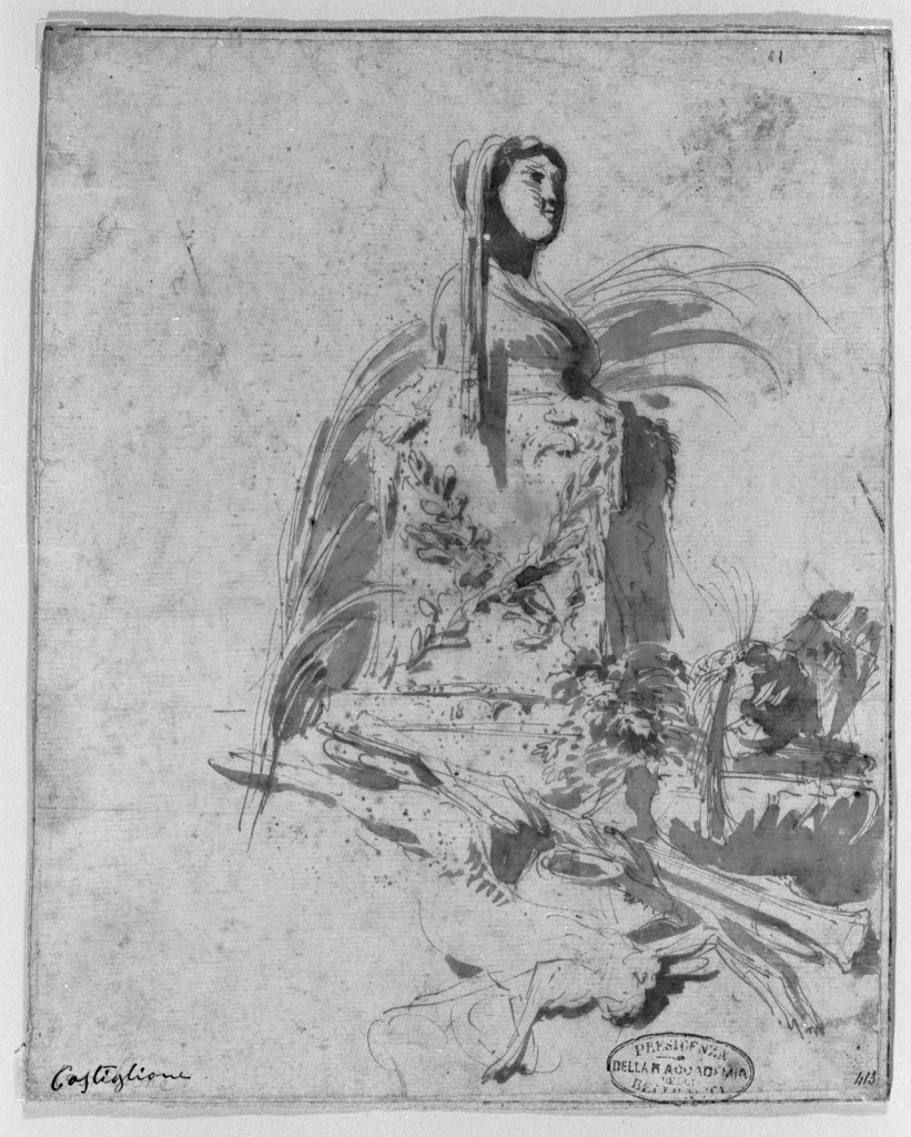 natura morta con busto femminile (disegno, opera isolata) di Castiglione Giovanni Benedetto detto Grechetto (attribuito) (metà sec. XVII)