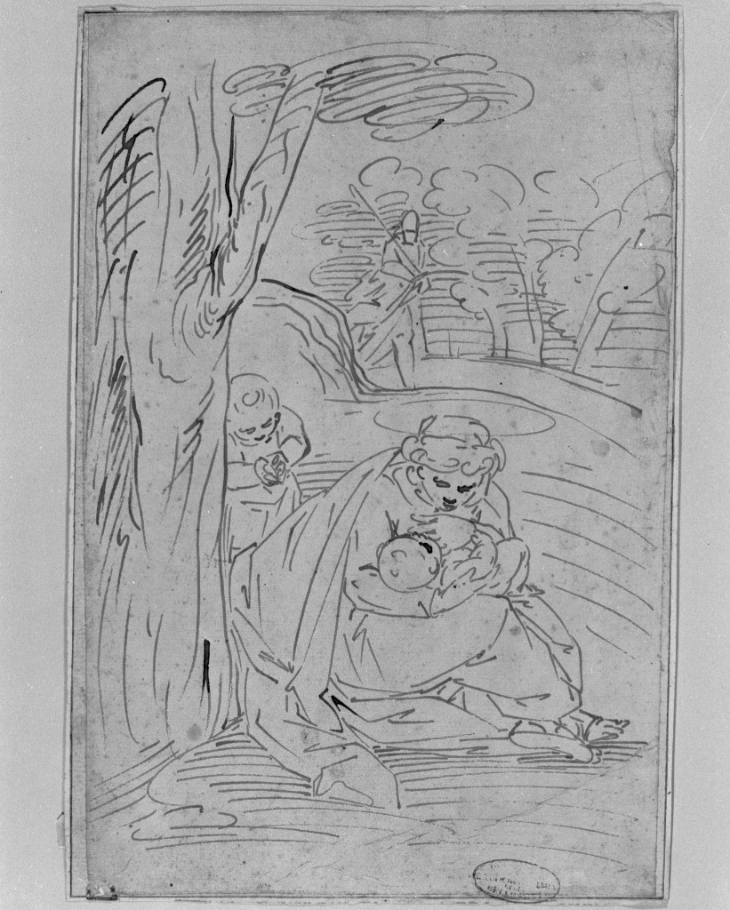 riposo nella fuga in Egitto con la Madonna che allatta Gesù Bambino (disegno, opera isolata) di Cambiaso Luca (attribuito) (seconda metà sec. XVI)