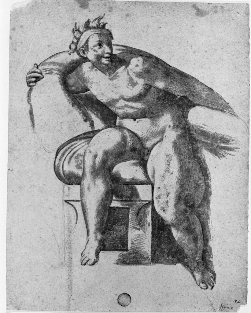 figura maschile seduta (disegno, opera isolata) - ambito lombardo (seconda metà sec. XVII)