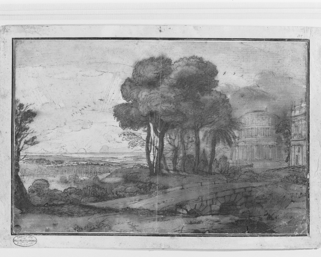 paesaggio con architetture (disegno, opera isolata) di Gellée Claude detto Claude Lorrain (attribuito) (sec. XVII)