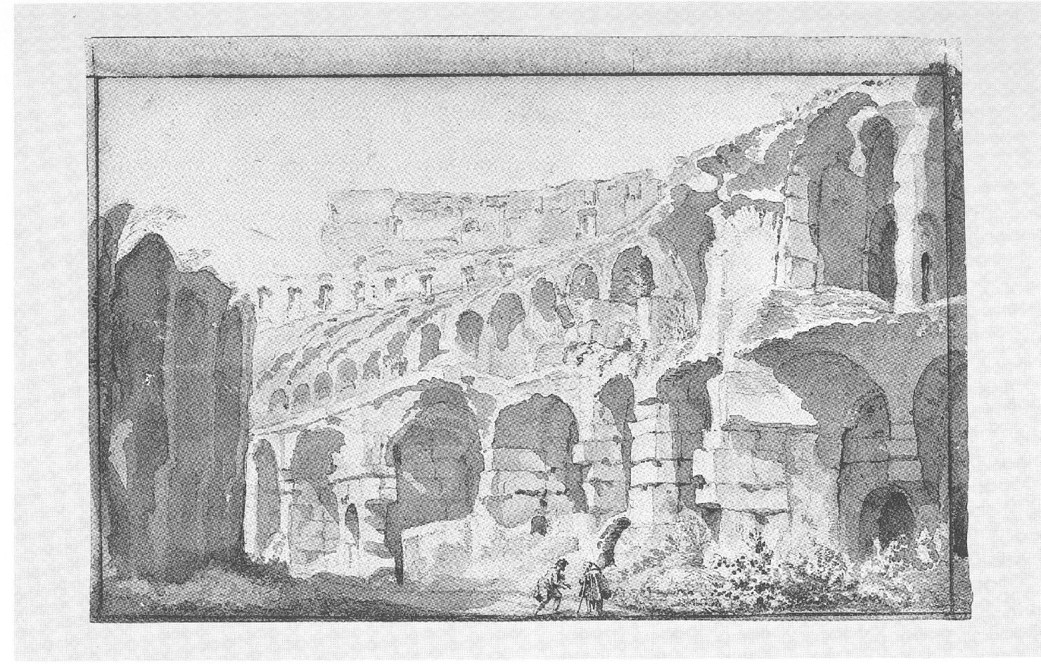 Colosseo con due figure, vedute di Roma (disegno, opera isolata) di Pannini Giovanni Paolo (attribuito) (sec. XVIII)