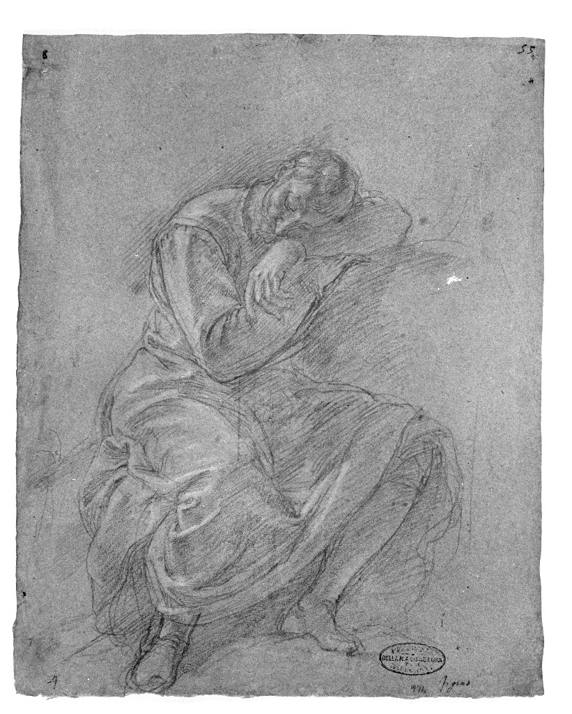 figura maschile seduta (disegno, elemento d'insieme) di Figino Giovanni Ambrogio (attribuito) (seconda metà sec. XVI)