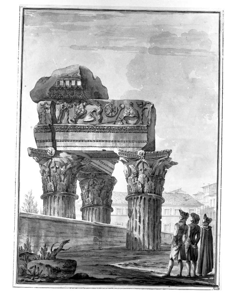 paesaggio con rovine (disegno, opera isolata) di Quarenghi Giacomo (attribuito) (sec. XVIII)