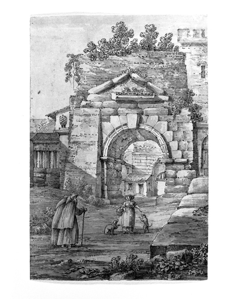 paesaggio con rovine (disegno, opera isolata) di Quarenghi Giacomo (attribuito) (sec. XVIII)