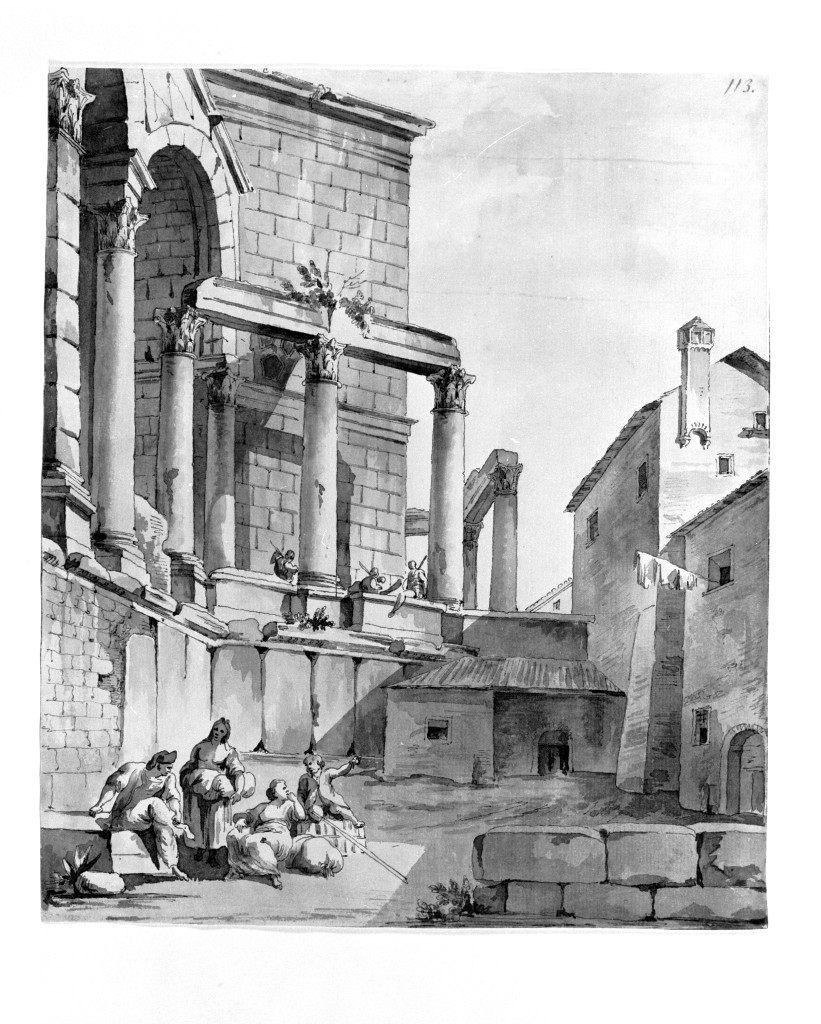 paesaggio con rovine (disegno, opera isolata) di Quarenghi Giacomo (attribuito) (sec. XVIII)